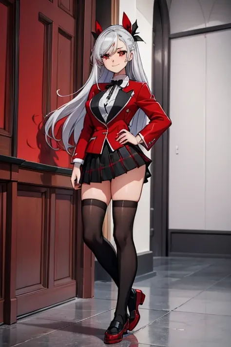 female, silver long hair, red eyes, (((1girl))), (((red blazer))), (black pleated skirt), (white knee high socks), (black shoes)...