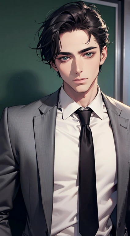 (Highest quality,4K,8K,High resolution,masterpiece:1.2),Super detailed,(Realistic,photoRealistic,photo-Realistic:1.37),1 person,35 years old,Mature Men,Beautiful skin、very handsome,Expressionless,Short gray Black hair,green eyes,Sharp Eyes,A perfect face w...