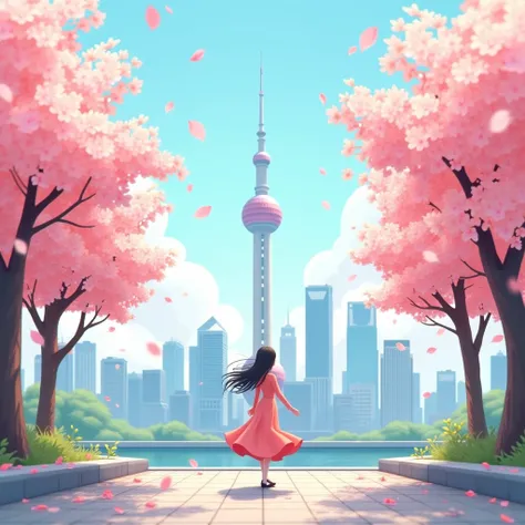 autumn, Animation style A serene Shanghai scene, surrounded by lush cherry blossom trees on either side, their delicate petals swaying gently in the breeze. The soft blue sky above features scattered clouds, while the Oriental Pearl Tower rises behind her,...