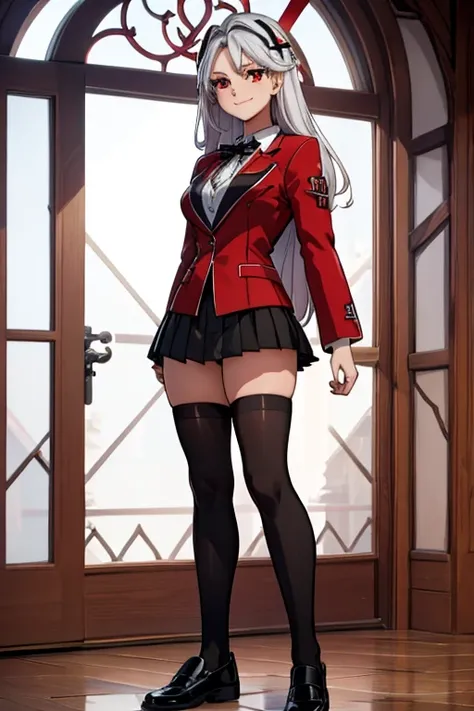 female, silver long hair, red eyes, (((1girl))), (((red blazer))), (black pleated skirt), (white knee high socks), (black shoes), (black ribbon), cute and sexy, full body, big breasts, long legs, smiling