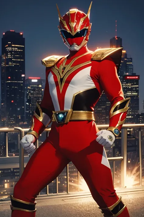 masterpiece, Super detailed, Best Quality, High resolution, ((Anatomically correct)), Power Rangers, One Man, (Very shiny helmet and suit), Combat pose, ((Night city in the background))