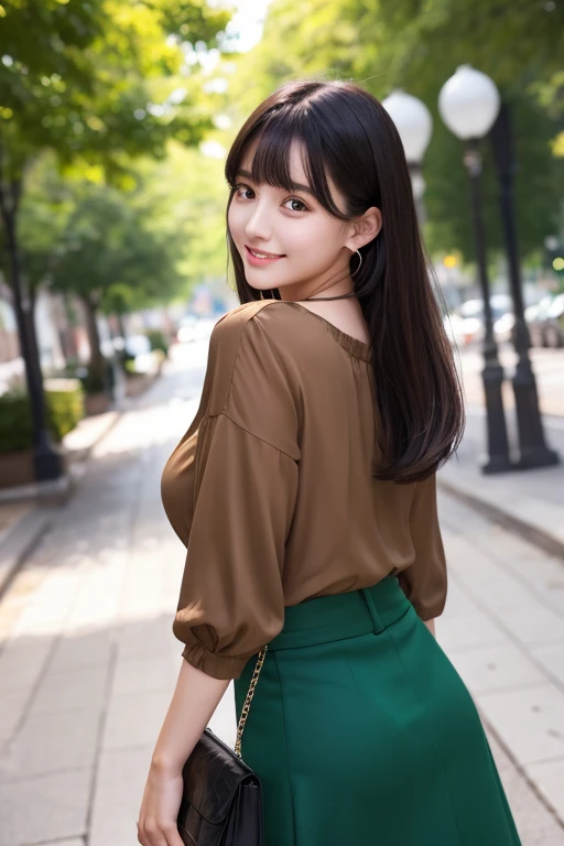 High resolution,bangs,Black Hair, Shortcuts、Brown eyes、Large Breasts, Cute face、Droopy eyes、Natural Makeup、167 cm、22 year old model figure、smile、Emerald Blouse、Black Skirt、Handbags、Rear view