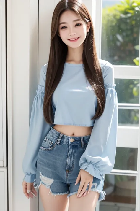 Beautiful girl,Brown eyes,smile,,Wear a blue cropped doll sleeve shirt.,Jeans shorts, Long straight hair, shill, Brown hair, stand,White windows of a seaside house