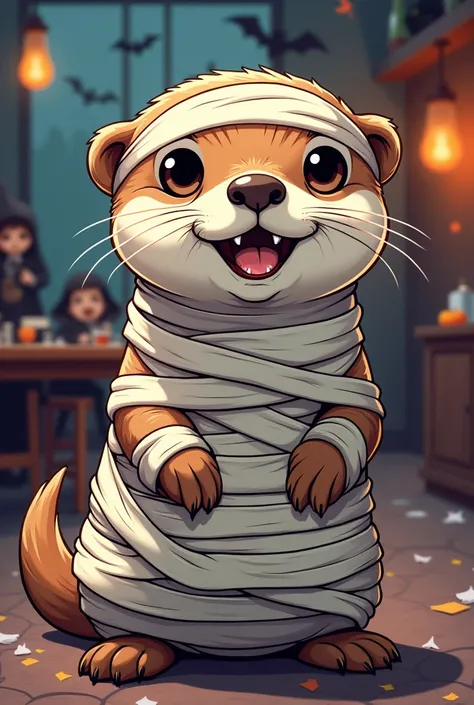 Cute otter，Halloween，Halloweenパーティー，Wrapped in bandages、Just like the bandage man，Threatening，Manga-style drawing