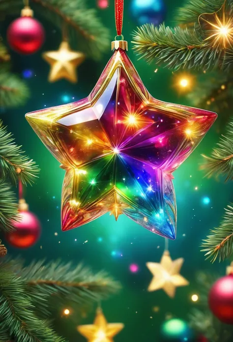 Sparkling Christmas decorations,what a beautiful,christmas tree,Christmas ornament,star,Sparkling,adorable,small,cute,incredibly beautiful,rendering,realism,dream-like,magic essence,rich colors,Cast colorful spells,masterpiece,best masterpiece,highest qual...