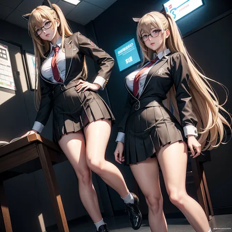 realistic 1.2, anime girl sexy in a short skirt and glasses, standing, a hyperrealistic , hyperrealistic , realistic , misa aman...