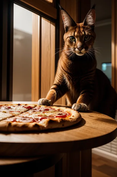 A close-up portrait of a caracal, futuristic sci-fi environment, the cat is eating a pizza and drinking Coca-Cola, cinematic composition, vibrant colors, hyper-detailed, photorealistic, 8k, masterpiece