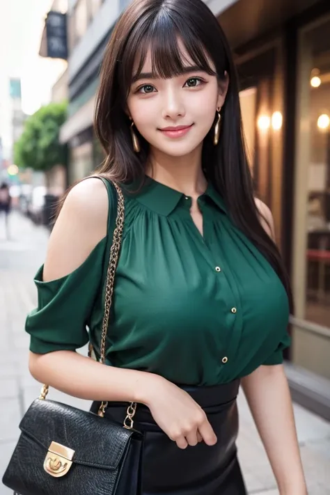 High resolution,bangs,Black Hair, Shortcuts、Brown eyes、Large Breasts, Cute face、Droopy eyes、Natural Makeup、167 cm、22 year old model figure、smile、Emerald Blouse、Black Skirt、Handbags、