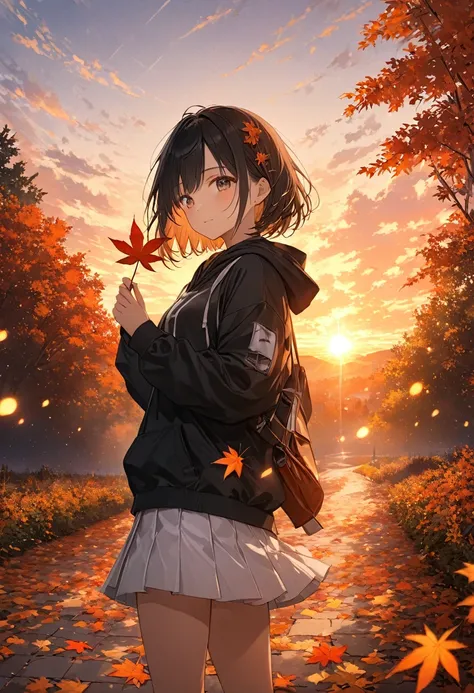 anime、((Amazingly absurd)),(masterpiece:1.2),超High resolution, Attention to detail, High image quality, High resolution, 最High image quality, 4K, 8k、Woman holding a leaf in her hand、autumn leavesの並木、Standing Alone、autumn leaves、red、orange、Illuminate、Hope i...