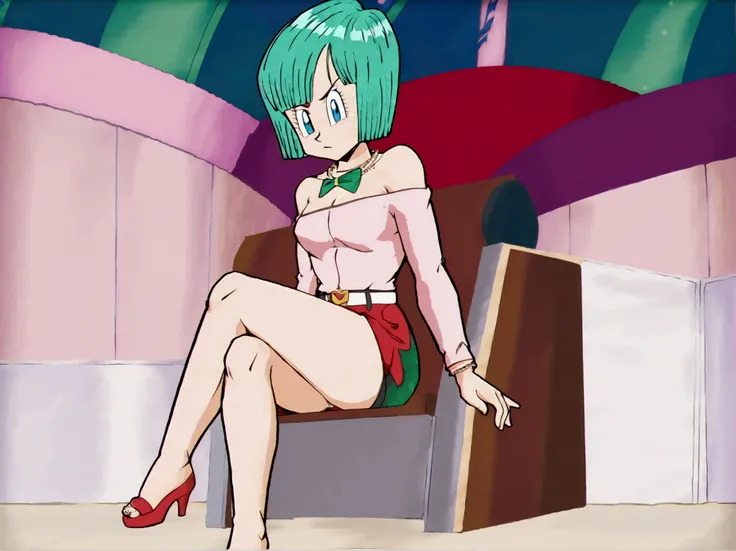 Bulma, short hair, aquamarine hair, bob cut. Blue eyes, bare shoulders, strapless, belt, medium chest, pink shirt, Pink mini skirt, sitting on a sofa, full body, bare legs with red heels, crossed legs,serious guy