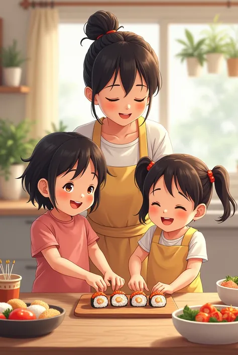 Anime Elementary school twins making sushi with their mother wearing aprons