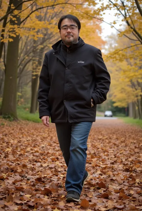 male, Alone, beard, autumn leavesの中を歩くmale, autumn, Fallen leaves, 歩くmale, casual, autumn leaves, Golden Light, Silent Forest, Soft Sunset