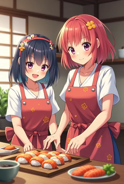 Anime elementary school twin sisters making sushi with their mother wearing aprons