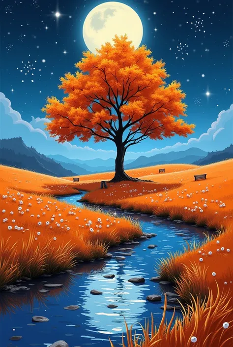 orange autumn, brush_art, a moonlit meadow, a single tree stands in the center, its leaves glowing silver, surrounded by creatures of light, a crystal-clear river winding through the land, reflecting the stars above.