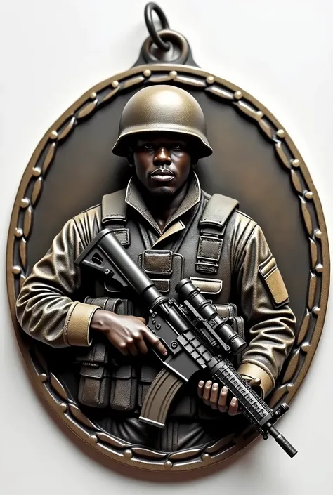 Create a circular military medal,  containing in the center a black soldier with a helmet and an m16 rifle.
Still on the upper part there is a ring to support the piece..