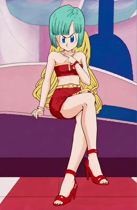 Bulma, short hair, aquamarine hair, bob cut. Blue eyes, bare shoulders, strapless, belt, medium chest, pink shirt, Pink mini skirt, sitting on a sofa, full body, bare legs with red heels, crossed legs,serious guy