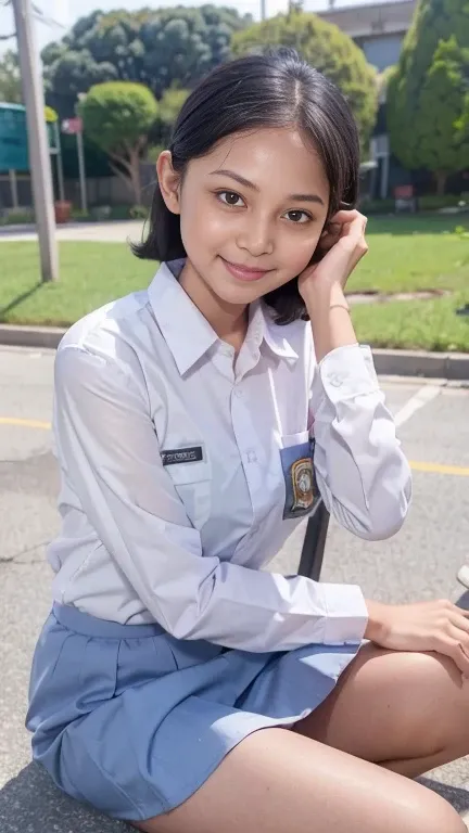 Young sweet beautiful school girl, slim body, very georgeus face, , wearing Indonesian white and grey uniform, long sleeve shirt, grey kneel long skirt, sassy girl,  wavy short hairs, siting down relax on side walk cheerful going to the school in the sunny...