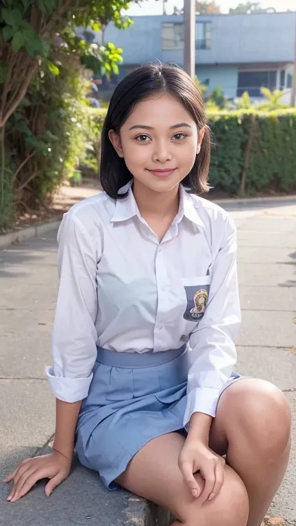 young sweet beautiful school girl, slim body, very georgeus face, , wearing indonesian white and grey uniform, long sleeve shirt...