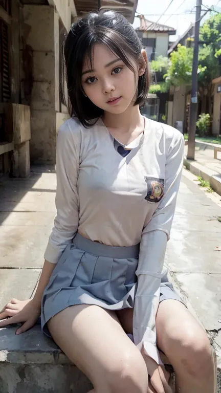 Young sweet beautiful school girl, slim body, very georgeus face, , wearing Indonesian white and grey uniform, long sleeve shirt, grey kneel long skirt, sassy girl,  wavy short hairs, siting down relax on side walk cheerful going to the school in the sunny...