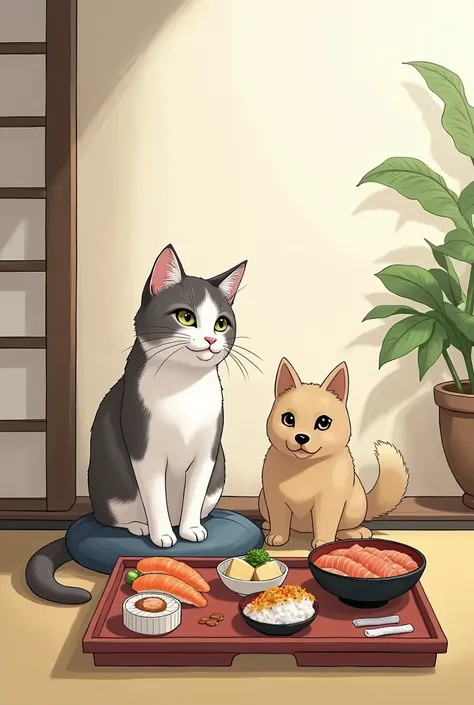 A cat is sitting and eating Japanese food、There is a dog