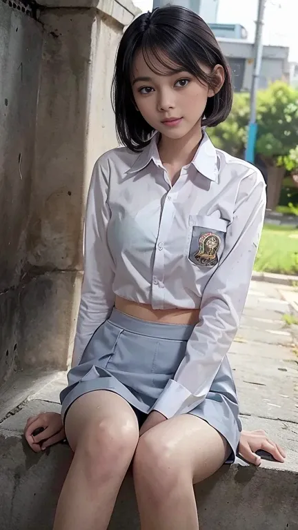 young sweet beautiful school girl, slim body, very georgeus face, , wearing indonesian white and grey uniform, long sleeve shirt...