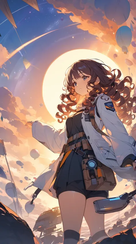 One Girl、Curious look、Curly Hair、Explorer&#39;s outfit、Posing with a map、Happy eyes、Adventurous spirit BREAK In the bright sunlight、(Warm Light):1.3、Vintage shades、Harmony between nature and machine、Convivial atmosphere、Exciting Scene BREAK Steampunk Museu...