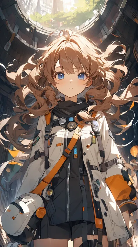 One Girl、Curious look、Curly Hair、Explorer&#39;s outfit、Posing with a map、Happy eyes、Adventurous spirit BREAK In the bright sunlight、(Warm Light):1.3、Vintage shades、Harmony between nature and machine、Convivial atmosphere、Exciting Scene BREAK Steampunk Museu...