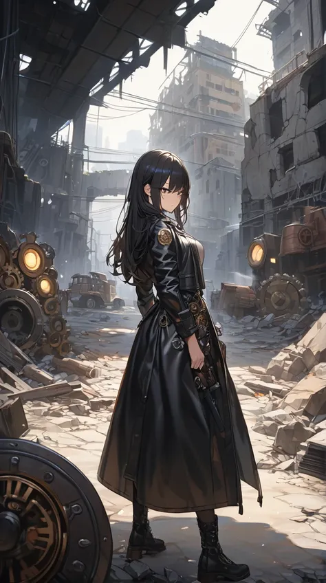 One Girl、Serious expression、Long black hair、Leather jacket、Mechanical decoration、Sword-holding pose、Strong Will BREAK Dark Alley、(Highly contrasting light):1.4、Cold shades、Shadow Enhancement、A tense atmosphere、Steampunk City、A hint of adventure BREAK Behin...