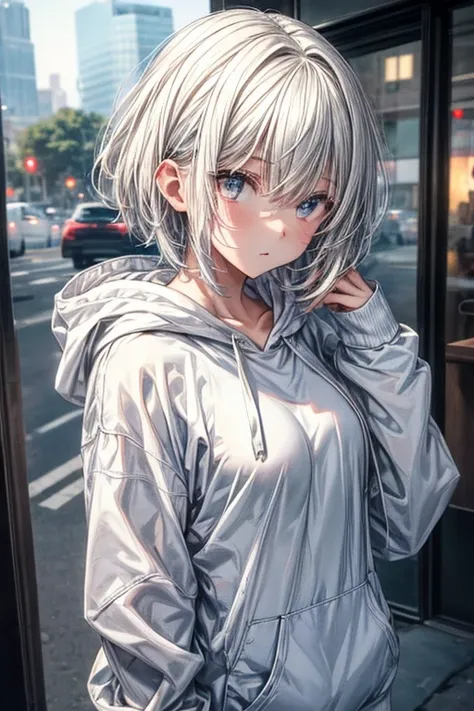 One girl, Short white hair, White Eyes, Wearing a plain white shirt, hoodie, Expressionless, High resolution, Super sharp, 8k, masterpiece, View your viewers