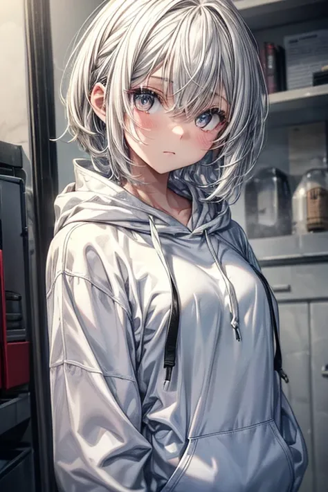 One girl, Short white hair, White Eyes, Wearing a plain white shirt, hoodie, Expressionless, High resolution, Super sharp, 8k, masterpiece, View your viewers