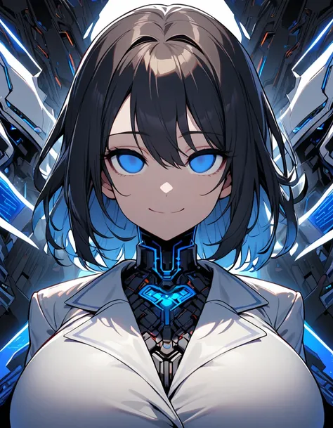 ( blazer girl , ), cybernetic effects background, closeup of face, (looking at viewer), (expressionless smile face, ), kindly, black long hair, blue eyes, ( empty eyes, ), natural skin, clothing out, (huge breasts), 