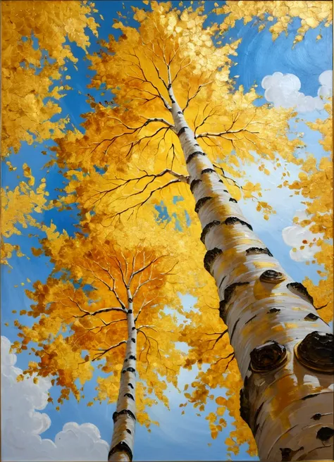 Painting of two birch trees with yellow leaves against the sky, Watch from below, Look Up, A tall beautiful painting, Gold foil touch,Amazing Art, Gold foil embellishment, painting, Gorgeous Art, Gold Leaf, View from below, Golden Autumn