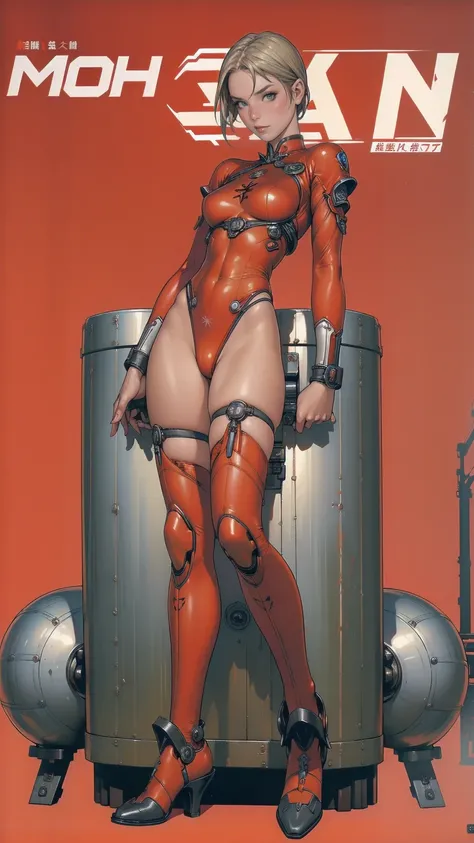 A athletic 25-year-old Russian warrior woman almost naked in the Simon Bisley style for the cover of Heavy Metal magazine, bare thighs, garter belt, super short blonde hair, Minimum clothing, red carbon fiber clothing in chevron pattern, ((((red clothing))...