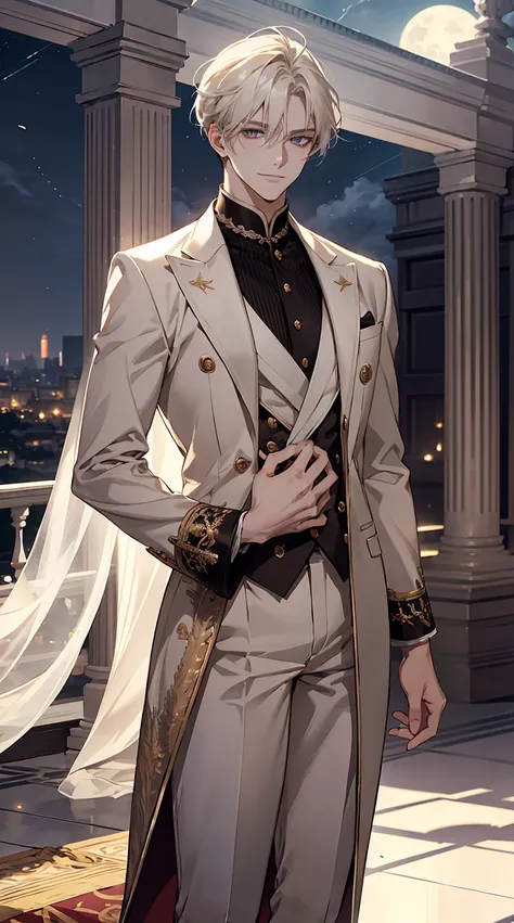 A refined young man stands gracefully on the balcony of a grand mansion. His platinum blond hair sways gently in the night breeze, while the soft moonlight highlights his noble features. His sharp eyes gleam with wisdom, and his composed smile exudes an un...