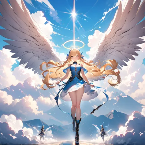 (((8k,masterpiece,Best Quality))), Highly detailed CG composition，Maxi Kit, whole body, Wide Shot,break、(((Cute angel flying in the blue sky))), Fantasy, Big angel wings, ,(blonde:1.6)，眩しいハイライトが入ったblondeの髪、Shiny bright hair, ,Long Hair,,Twin tails、Detailed...