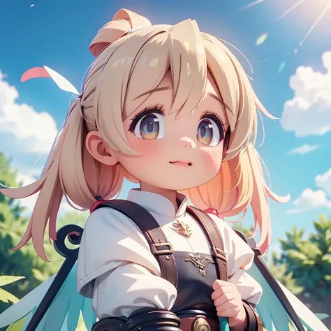 (((8k,masterpiece,Best Quality))), Highly detailed CG composition，Maxi Kit, whole body, Wide Shot,break、(((Cute angel flying in the blue sky))), Fantasy, Big angel wings, ,(blonde:1.6)，眩しいハイライトが入ったblondeの髪、Shiny bright hair, ,Long Hair,,Twin tails、Detailed...