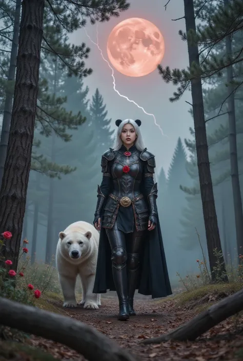 A female knight wearing a white hood,Polar bear ears on the head,Walking with a polar bear in a moonlit forest, Roses in bloom，Lightning falls from the sky. Only women wear red eye patches. The photo has a blood moon in the background，A tree fell on the ro...