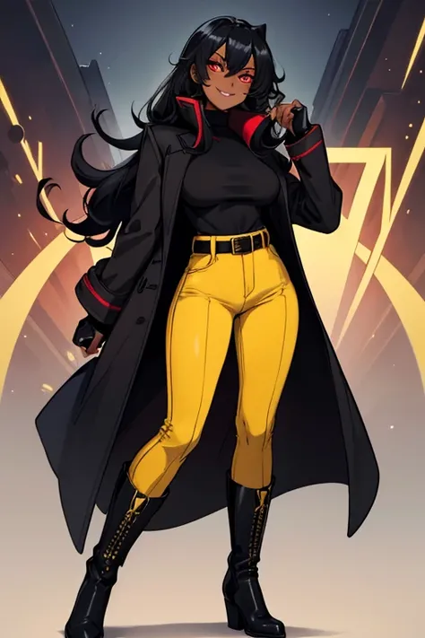 female, black long hair, red eyes, dark skin, (((1girl))), (((black coat))), (gold yellow turtleneck), (black pants), (black belt), (black boots), cute and sexy, full body, big breasts, long legs, smiling