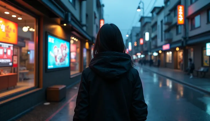 ((cyberpunk streetscape)), wide Japanese urban streets, early evening, dusk, in a small shop window is a wide-screen television, amongst a row of shopfronts, very few people on the street, front-on of shop window seen over shoulder of a dark haired woman i...