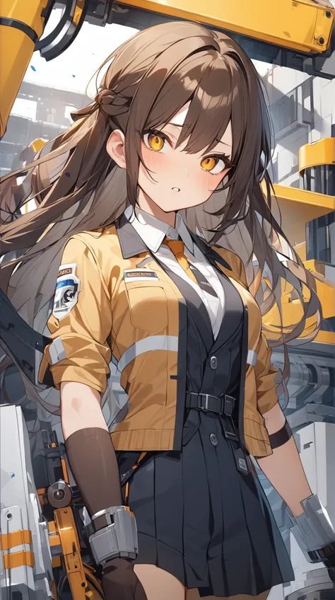 One Girl、Sharp Eyes、Long brown hair、Engineer&#39;s uniform with goggles、Tools in the hands、A determined pose、Mechanical Decoration BREAK Steam、(Mechanical Light):1.3、Warm shades、Industrial atmosphere、Metal texture、Complex gears、Adventurous Style BREAK Stea...