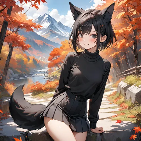 (Best Quality),(masterpiece),(Super detailed),(8k),(32K),One fox girl、Black Eyes、(Short black hair:1.1)、(Black back hair),Black fox ears、One black fox tail from his waist、smile、blush、(Small breasts:1.3)、Black sweater、black pleated skirt、Thighs、Black knee s...