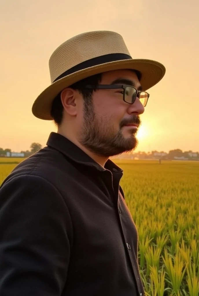 male, Alone, beard, Glasses, Autumn rice fieldsでたたずむmale, Autumn rice fields, Rural Scenery, evening, Soft orange sky, male, Straw hat, relax, Relaxed atmosphere