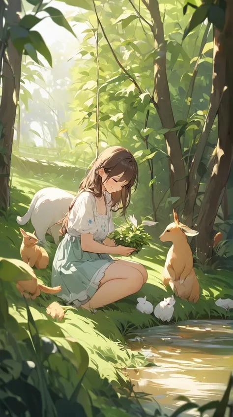 One Girl、A happy look、Brown Hair、Casual clothing、Playing with animals、An innocent smile、A figure in harmony with nature BREAK In the bright sunlight、(Warm Light):1.3、Soft colors、Serene atmosphere、A relaxing space、The presence of animals BREAK Around the fa...