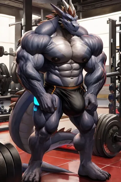 very muscular naked dragon and wide body with huge biceps and abs and pecs he flexes his biceps and has a huge bulge between his legs at the gym 