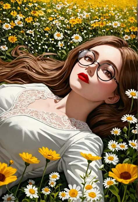 brown haired girl, Brown eyes, red lips, round face, beautiful, round glasses, Long hair, lying down, in a field of flowers, maximum details, realism, Impressionism, foreground, masterpiece