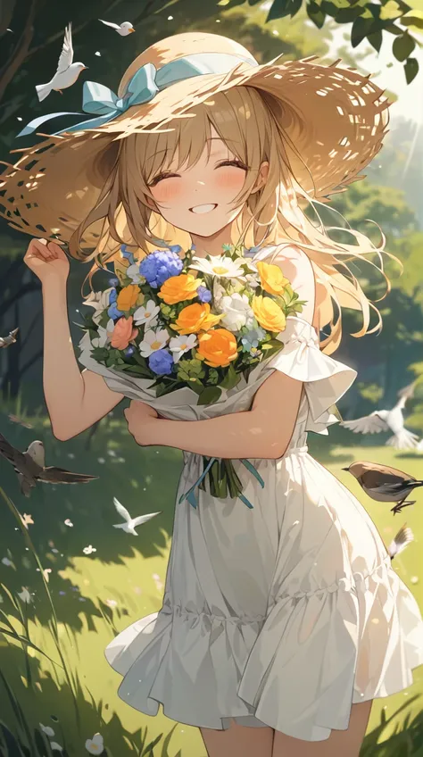 One Girl、Cheerful expression、Short blonde、Straw hat、A bouquet in hand、Playful pose、An innocent smile BREAK in the twilight、(Soft Light):1.2、Warm colors、Dreamy atmosphere、Gentle Shadows、A relaxing space、Countryside Beauty BREAK Flower Garden、Colorful flower...