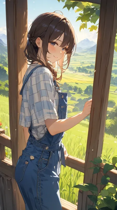 One Girl、Gentle smile、Long Chestnut Hair、Checked shirt、Denim overalls、Fresh vegetables in hand、A posture that blends in with nature BREAK In the bright sunlight、(Warm Light):1.3、Soft Shadows、Serene atmosphere、Natural beauty、Rural Scenery、Comfortable space ...