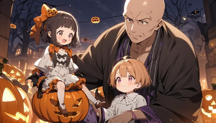 a bald middle-aged man and a child enjoying halloween