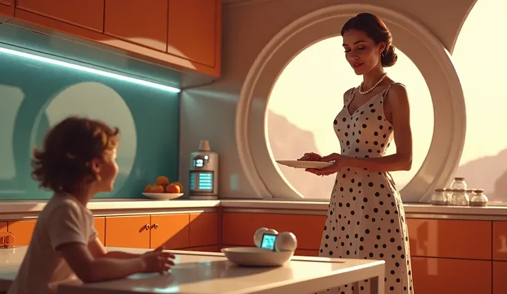 A housewife in a chic vintage polka dot dress and pearls, preparing dinner in a futuristic Martian kitchen, while her child plays with a hovering robot assistant.