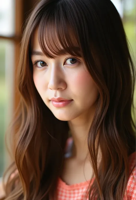 photograph of a portrait of a east-asian girl with straight, long hair and bangs. the image should be realistic and photo-like, ...